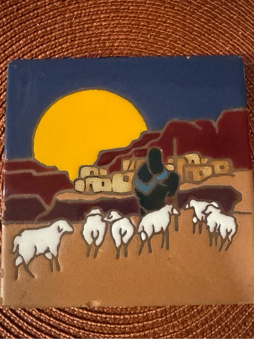 Hand-Painted Southwest Shepherd Tile Wall Art - Blue, Yellow, Brown